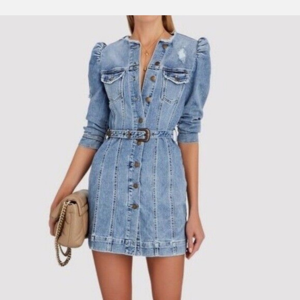 Retrofete Denim Blue Belted Button-Up Dress